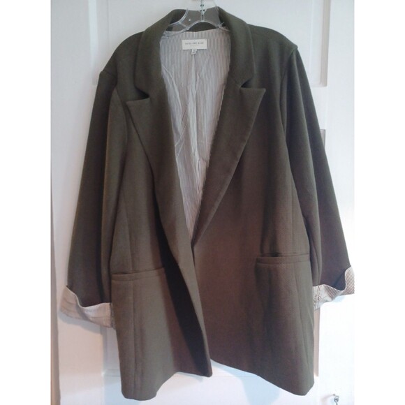 Skies Are Blue olive knit jacket plus sz 3X open longer blazer rolled sleeves - Picture 1 of 11